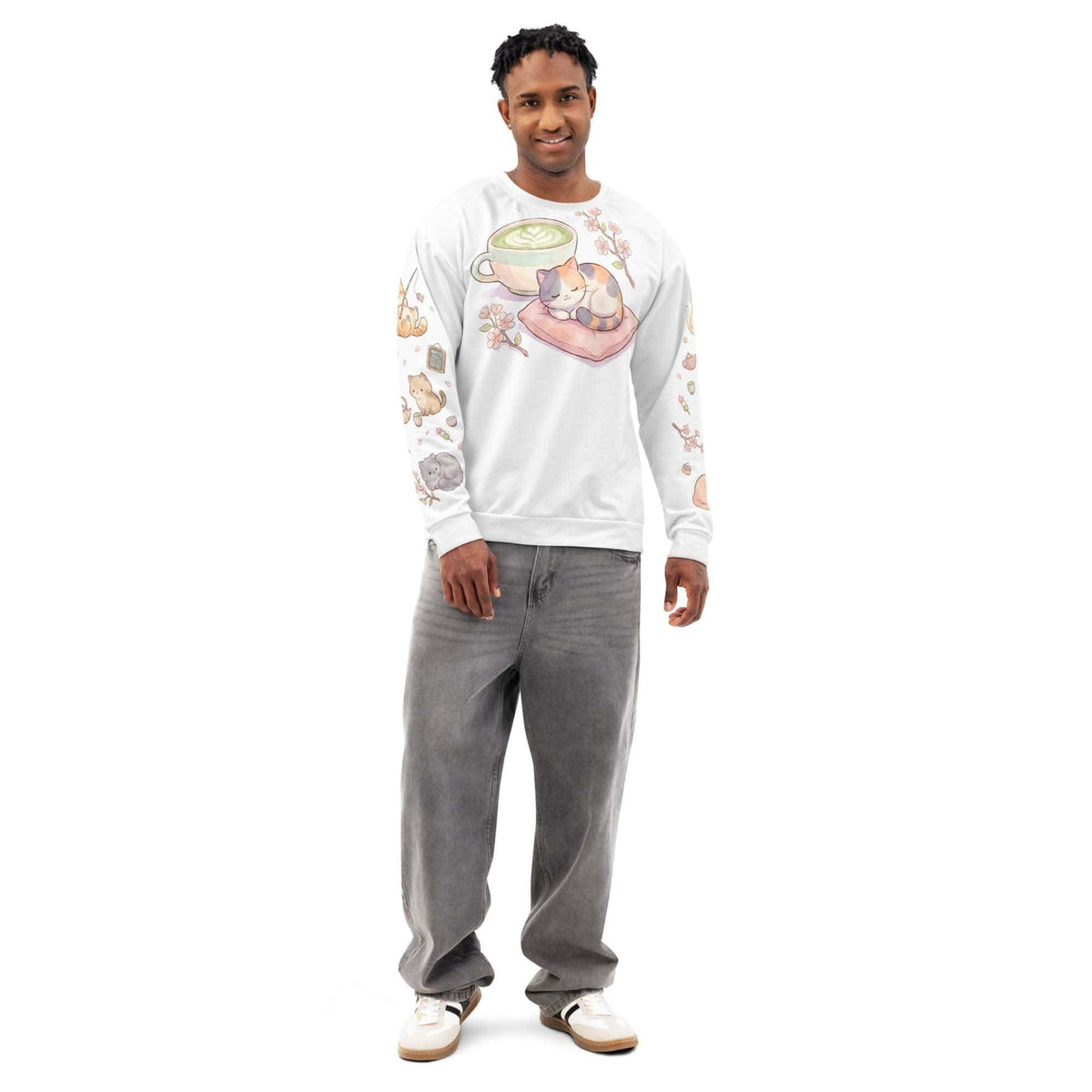 Crewneck sweatshirt with an all-over anime cat cafe print, front view