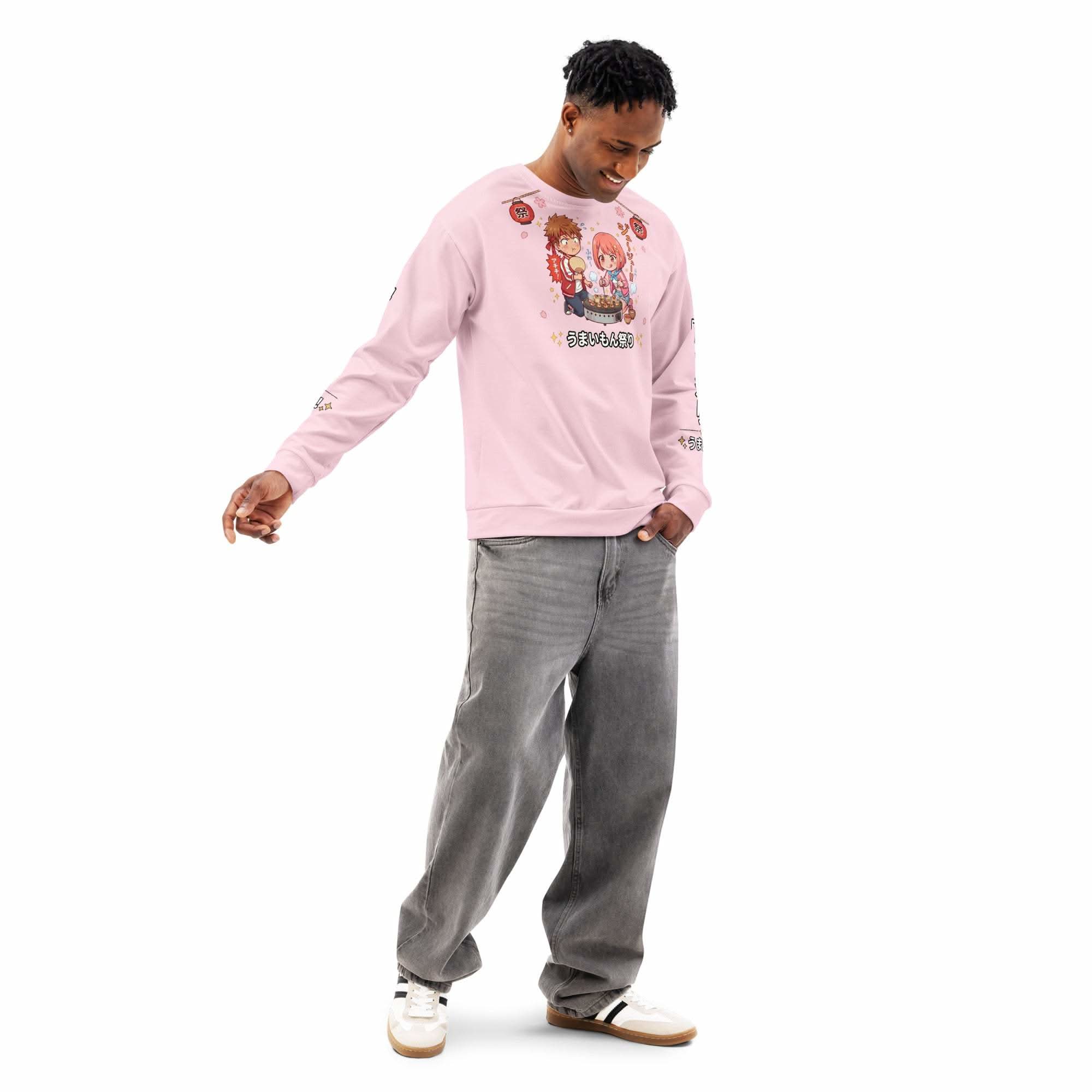 Chibi Food Festival Sweatshirt unisex kawaii anime crewneck with vibrant Japanese street food characters all over print