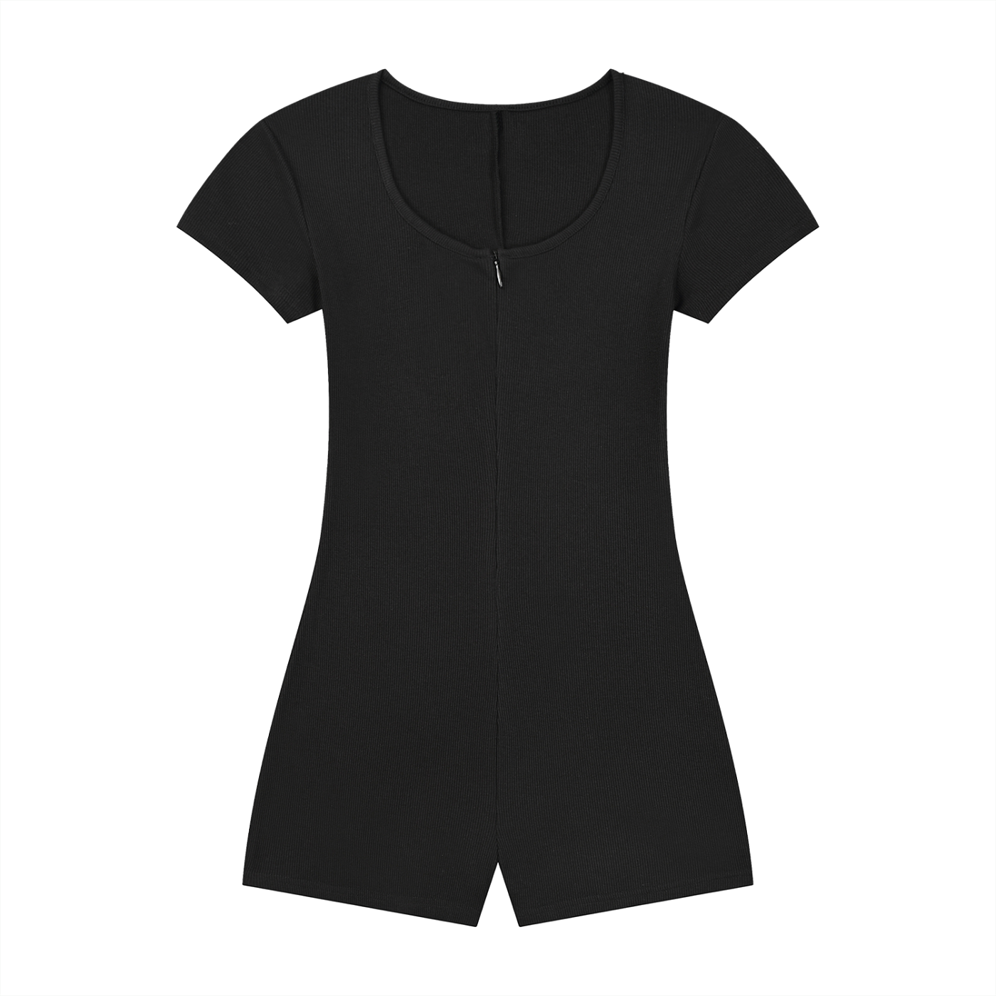 Woman wearing a ribbed tie-waist cape romper with a skinny X-line fit and scoop neckline in a casual Y2K athleisure style