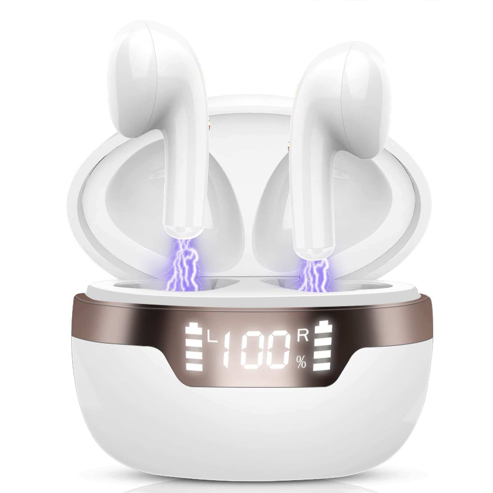 HD Bluetooth Wireless Earbuds with mic showing sleek design and wireless connectivity features