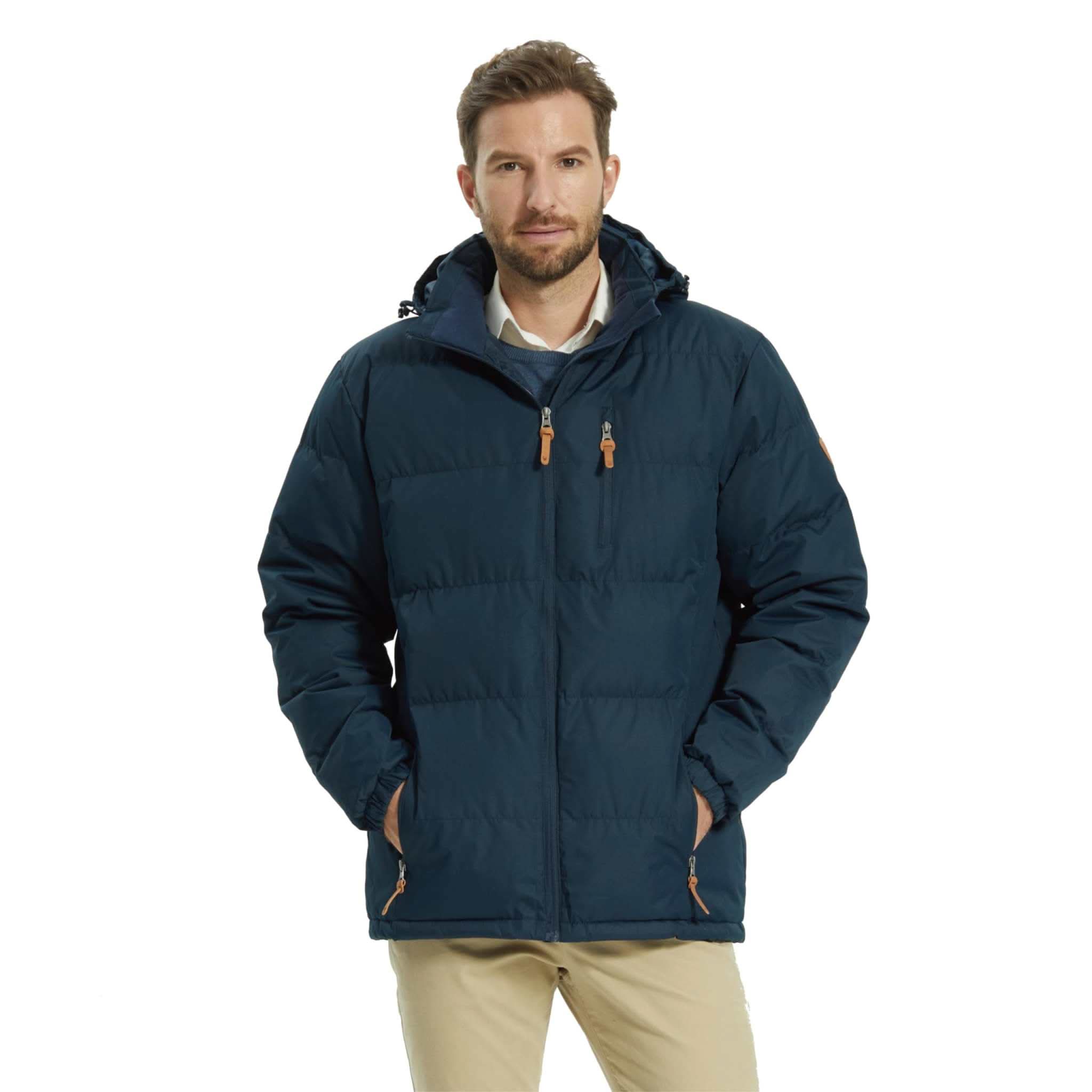 Mens Winter Shield Jacket hanging on wooden hanger, black insulated winter coat for men, weather-resistant and durable winter outerwear