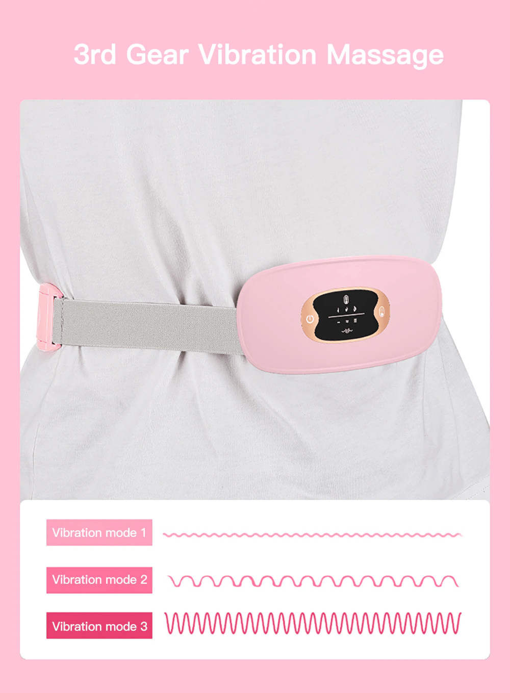 Pink heated menstrual relief vibrating belt with adjustable fit and rapid heat therapy for abdominal comfort