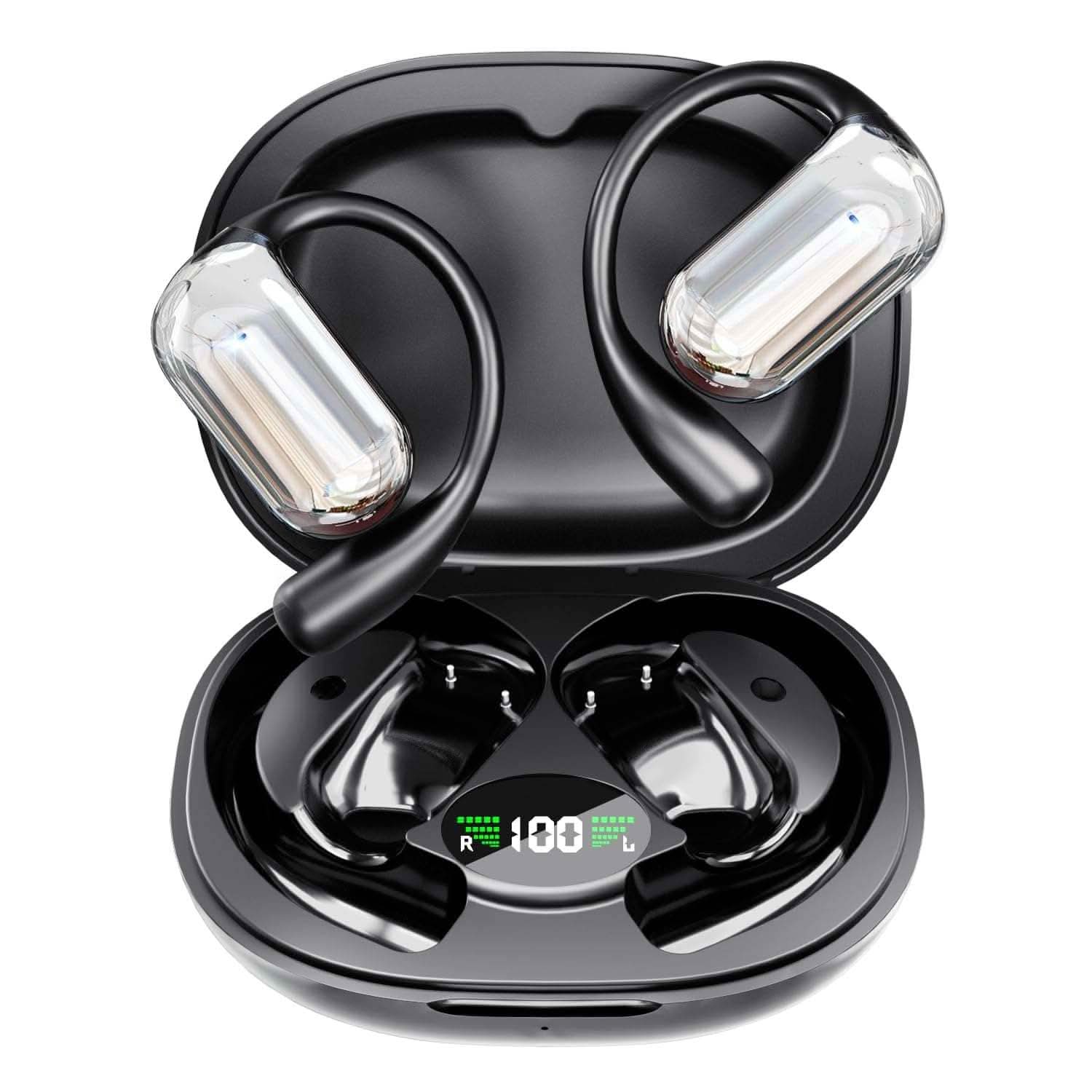 Open Ear Bluetooth Earbuds 5.4 with ergonomic design, lightweight fit, 50H playtime, digital display, and clear calls.