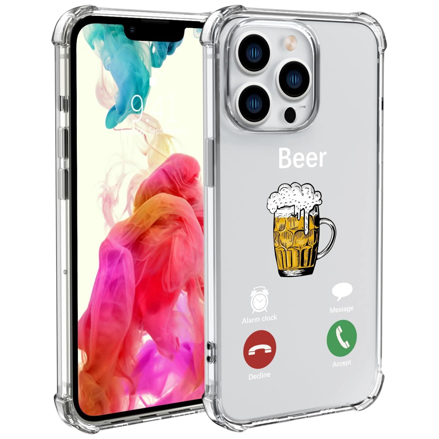 Clear BeerFun shockproof iPhone 13 case with slim, durable design and reinforced corners for drop protection