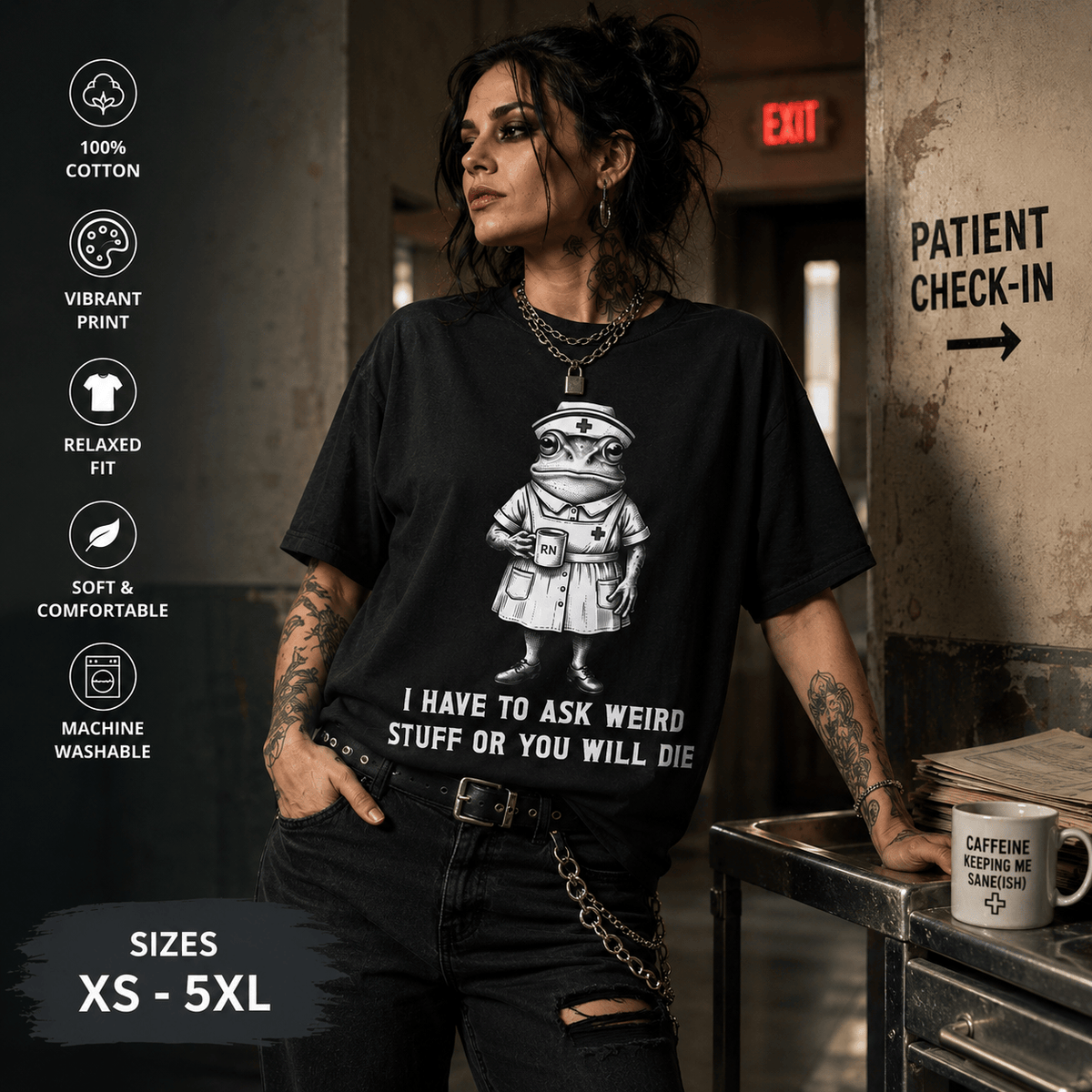 Creepy nurse illustration with bandages and dark humor text on a white T-shirt