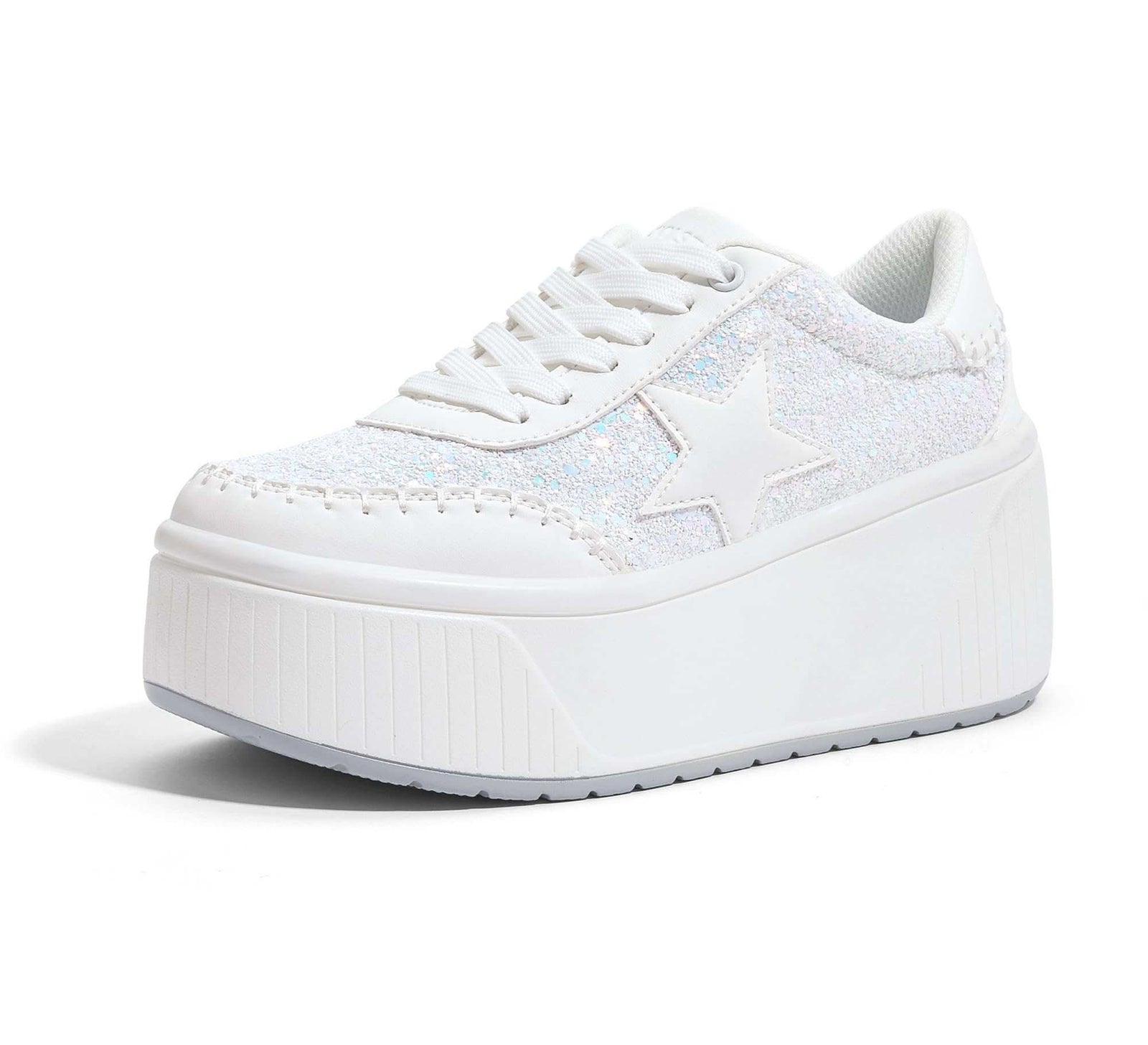 Womens chunky sneakers with glitter star design, thick platform sole, breathable mesh lining, and memory foam insole for all-day comfort