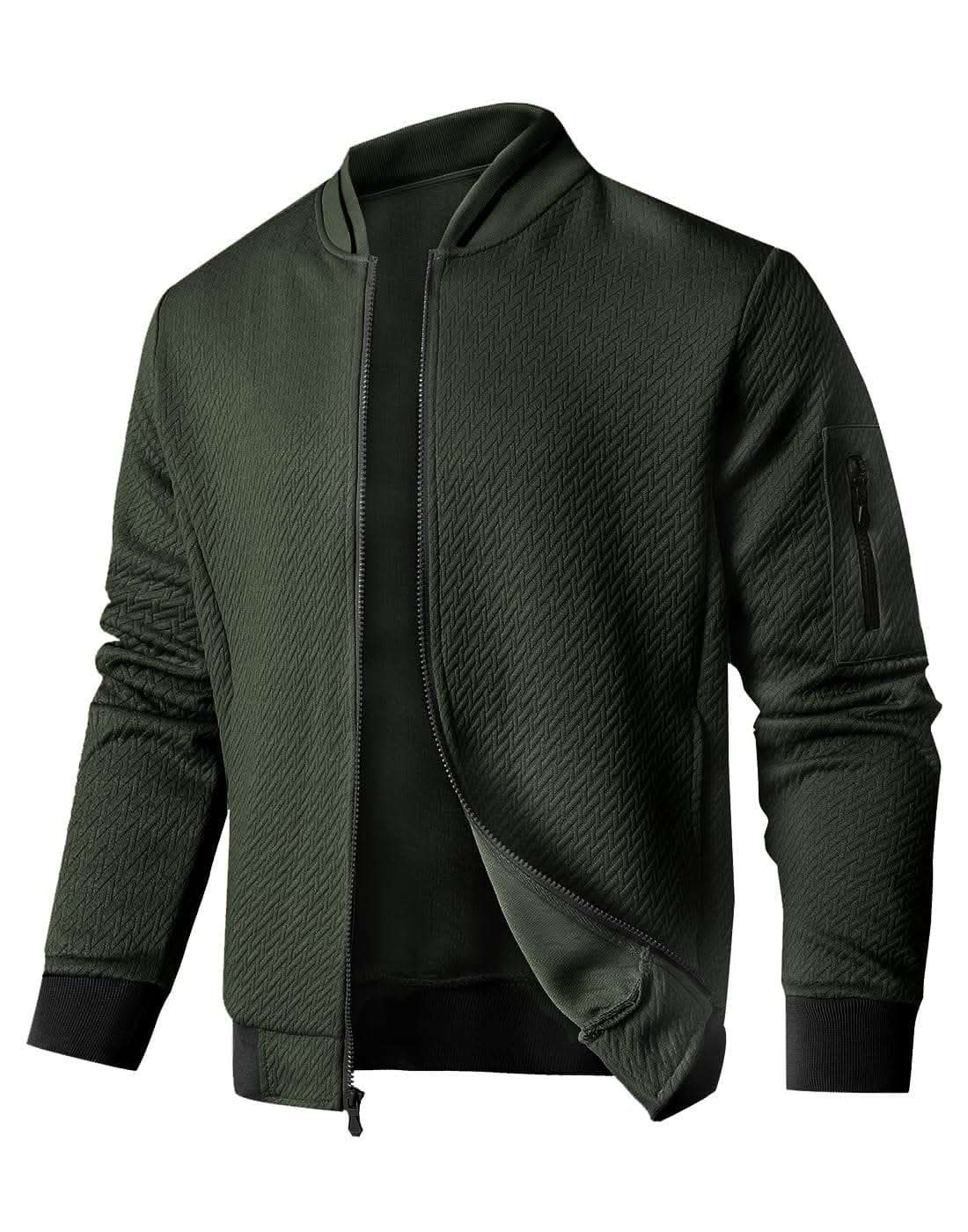 Mens Soft Jacquard Bomber Jacket with V-shaped pattern and breathable fabric for casual wear