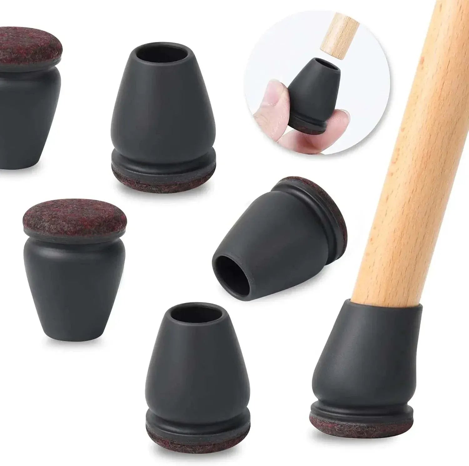 Black silicone chair leg floor protectors with thick felt pads, 8-piece set, suitable for hardwood surfaces.