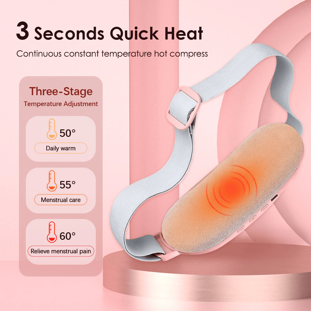 Pink Heated Menstrual Relief Vibrating Belt with adjustable fit and quick heating for abdomen comfort