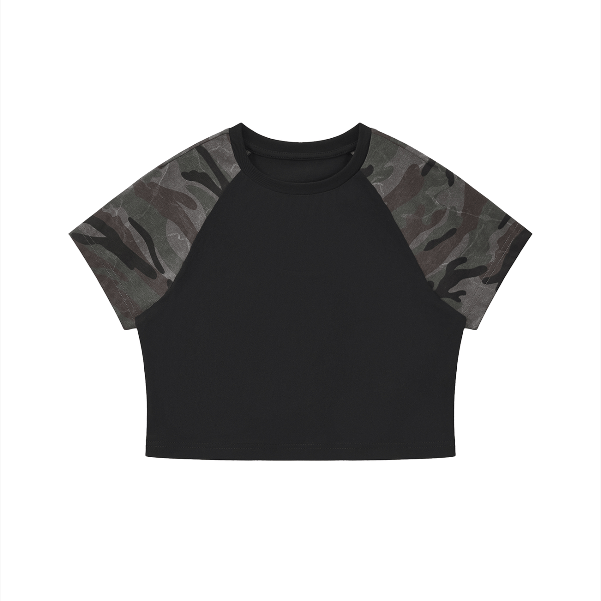 Women’s camo raglan crop t-shirt with cotton body and camouflage sleeves in casual streetwear style