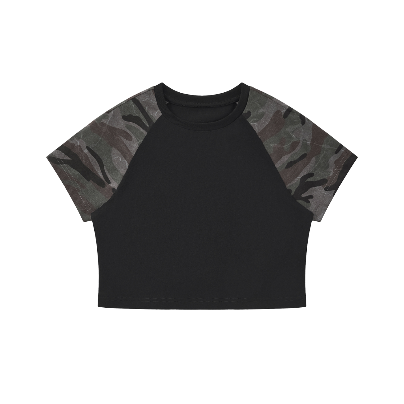 Women’s camo raglan crop t-shirt with cotton body and camouflage sleeves in casual streetwear style