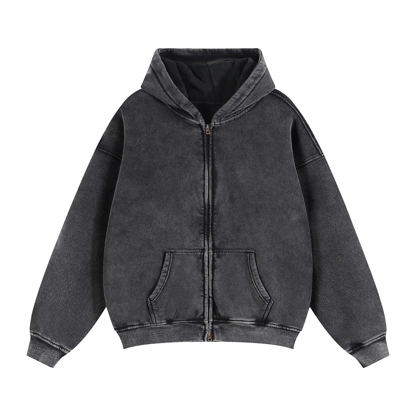 Unisex zip-through boxy fleece hoodie with thick cotton blend fabric and loose fit for casual outdoor wear