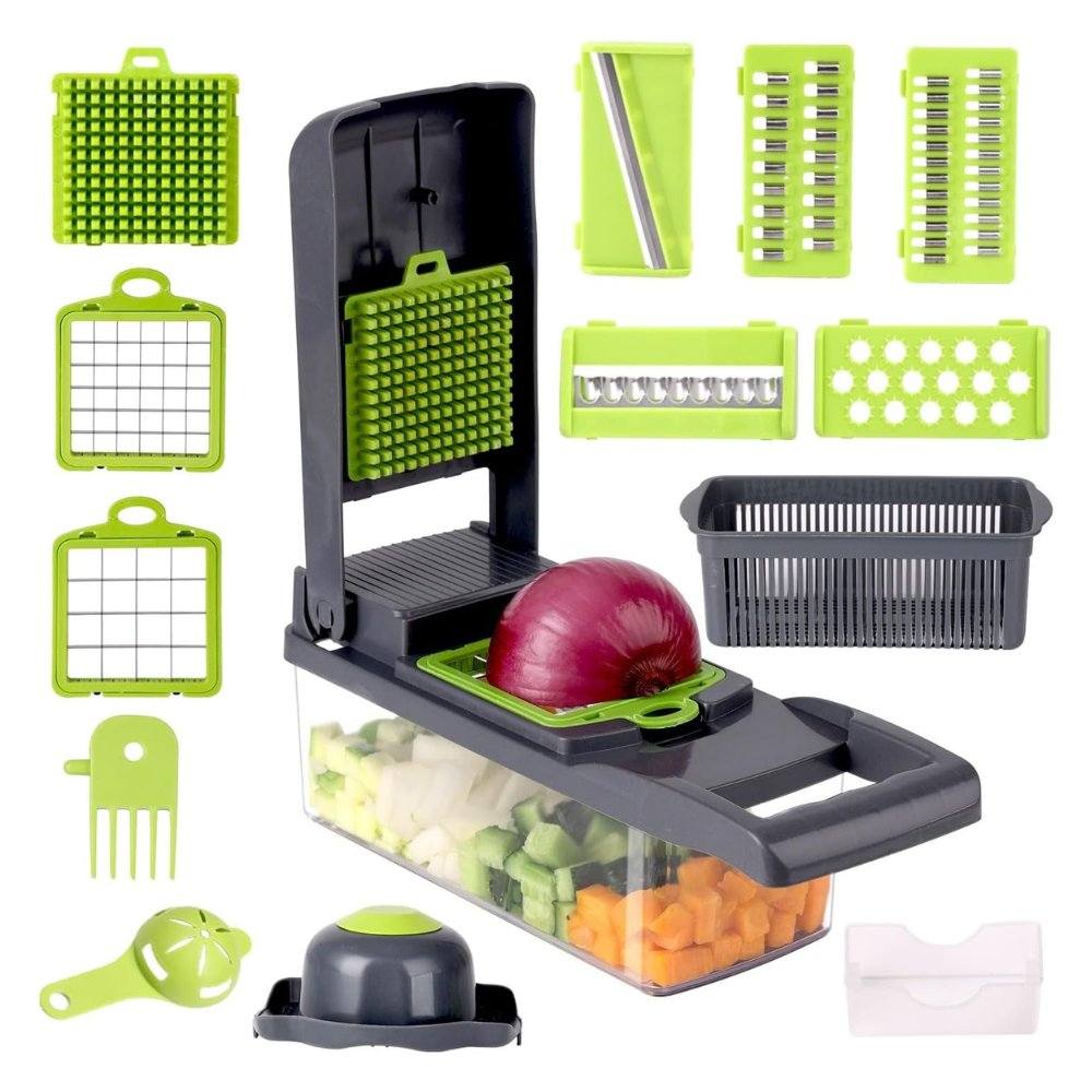 16 in 1 Multifunctional Vegetable Chopper with container and multiple blades for slicing and dicing vegetables