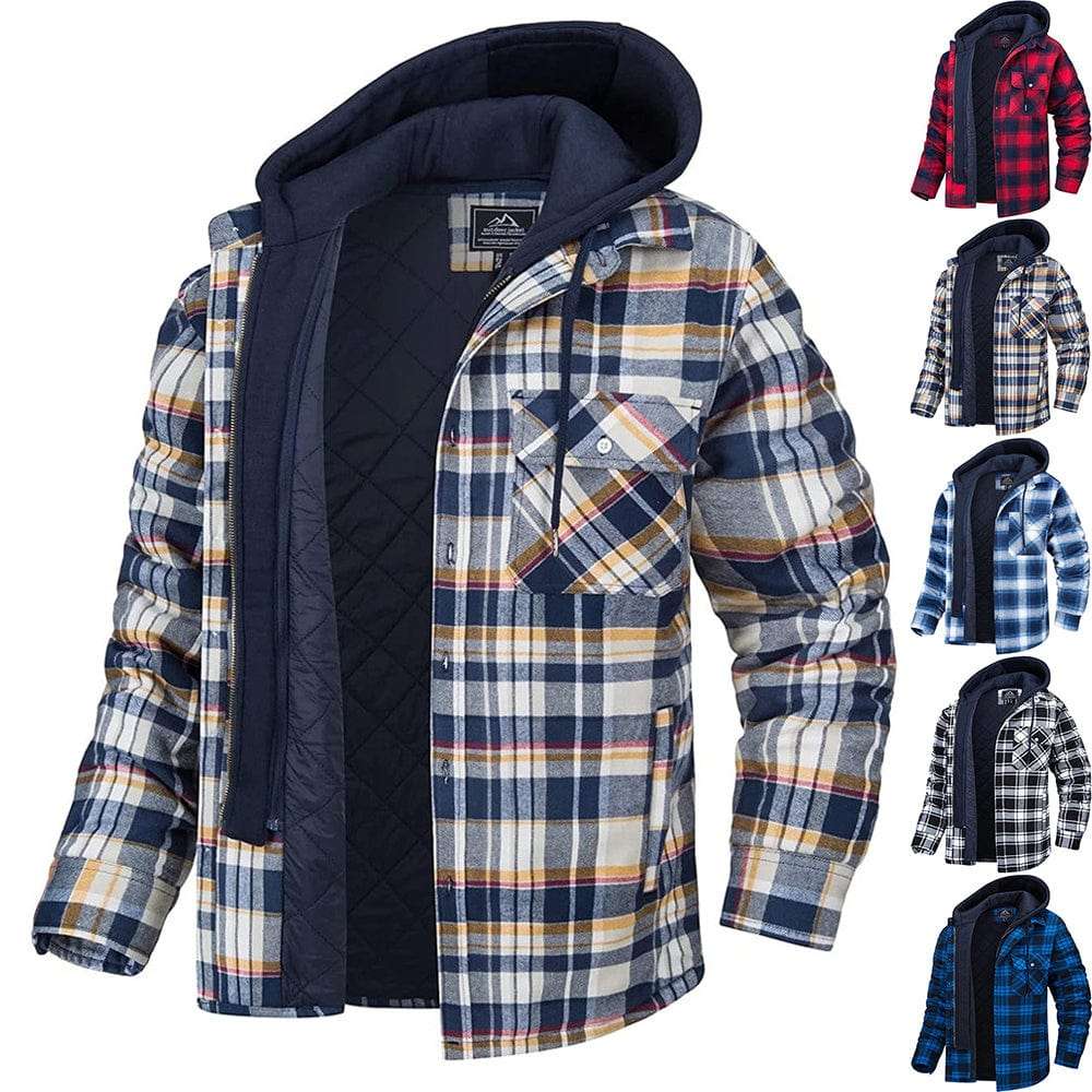 Mens plaid hooded coat with button zip-up, thick padded warm jacket in various colors for winter casual wear