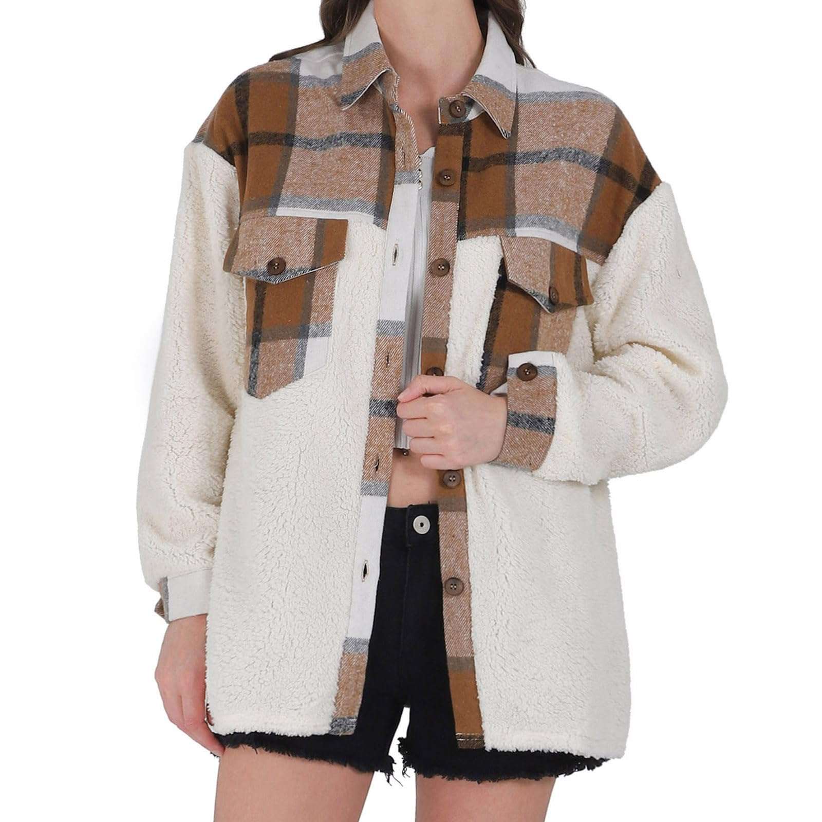 Women wearing cosy plaid fleece jacket with button front and chest pockets