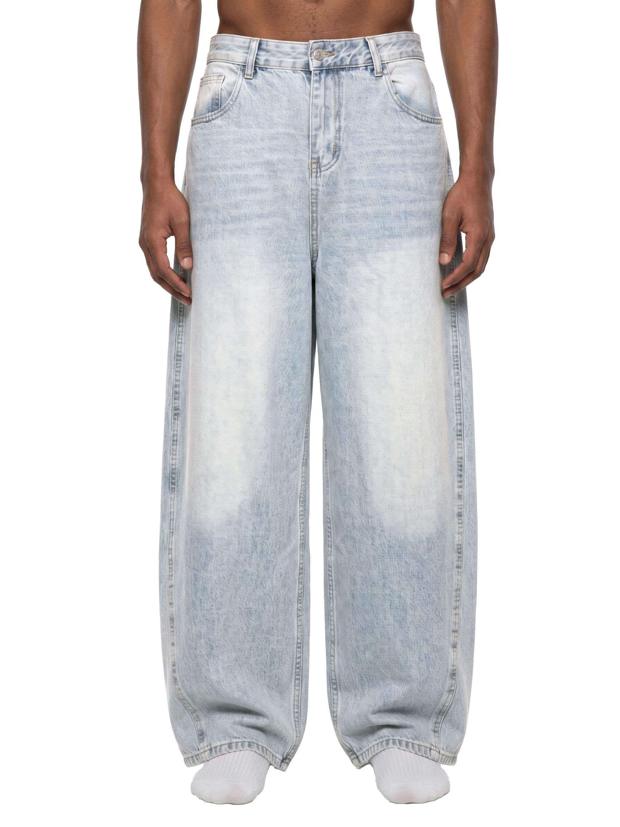 Men's vintage wash sunfade barrel leg jeans with relaxed fit and frayed details