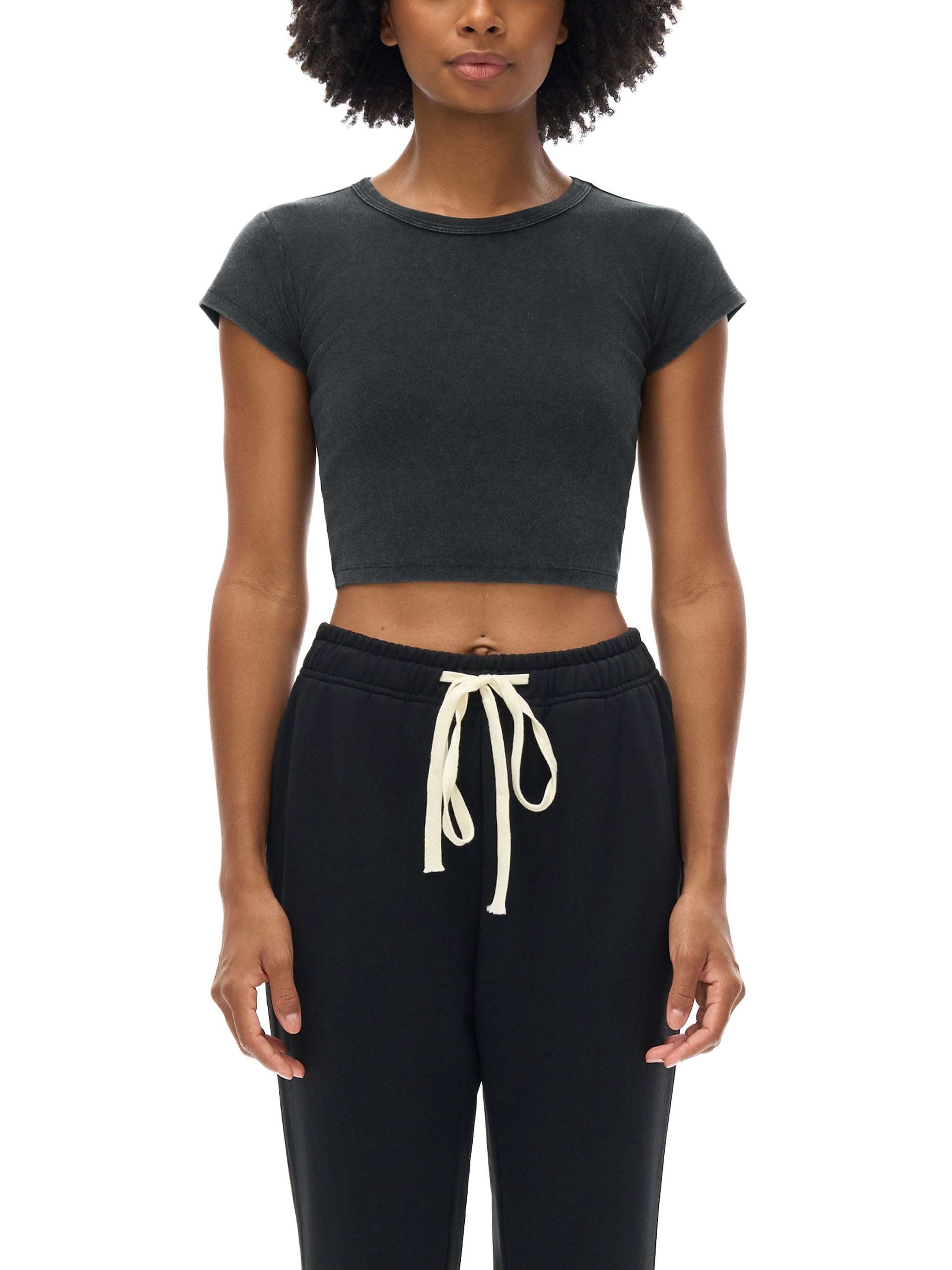 Women’s Snow Washed Crop Top, thin cotton blend, casual street style, short sleeve, round neck