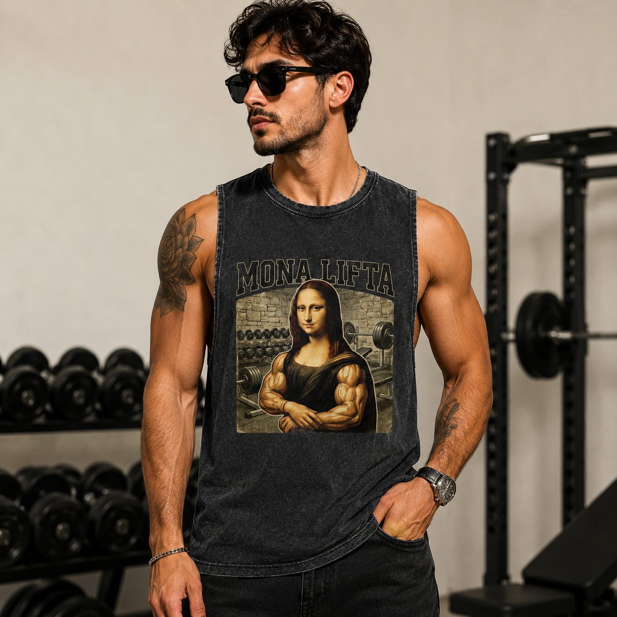 Mona Lifta muscle vintage stonewash tank top featuring a muscular Mona Lisa design