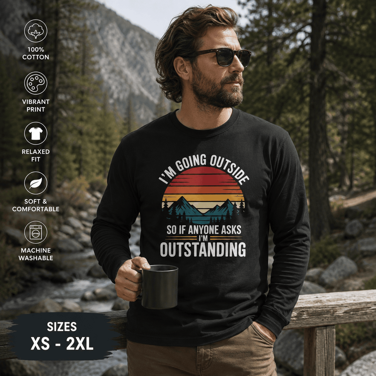 Long sleeve hiking t-shirt with vintage sunset mountains and humorous outdoor phrase design