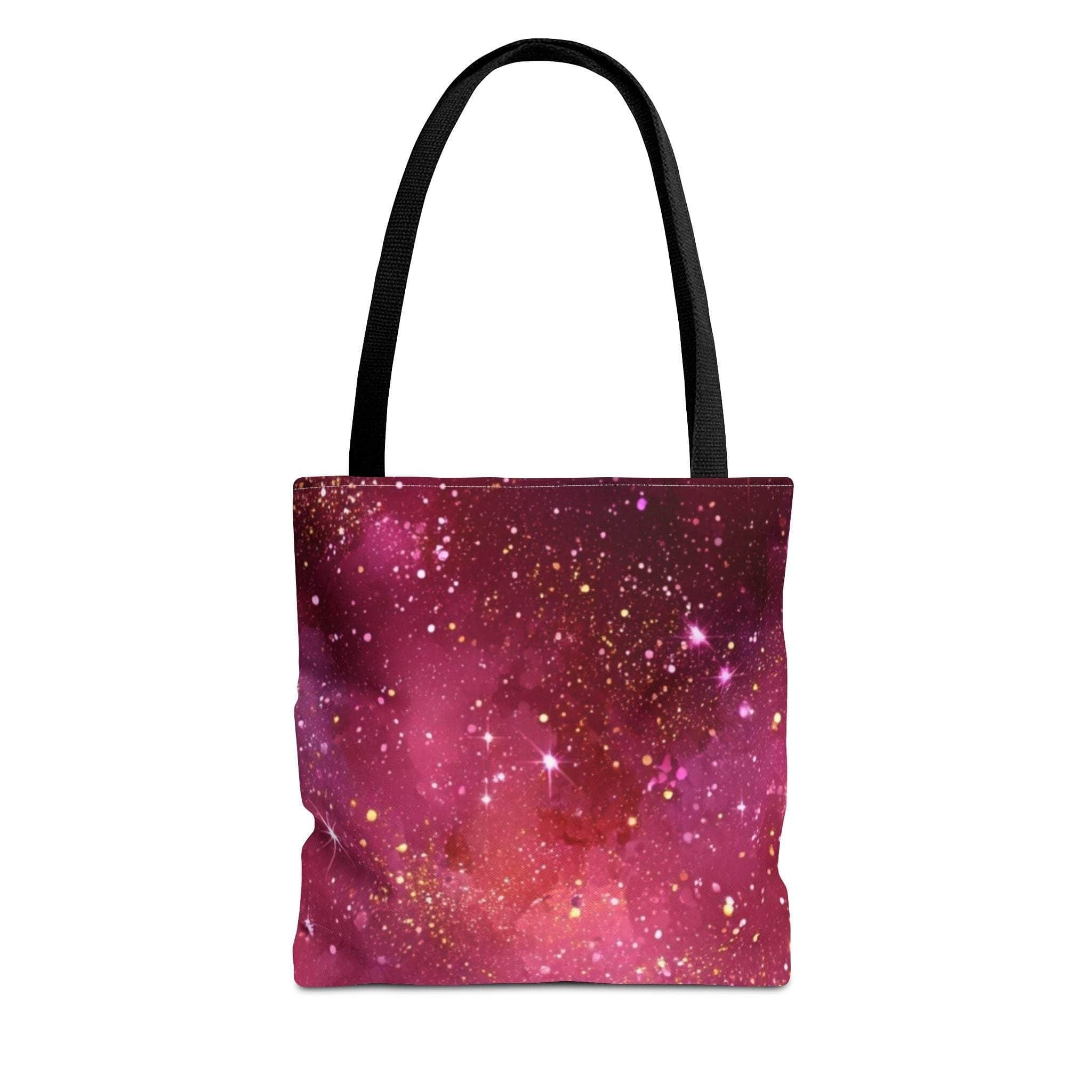 Glittery pink polyester tote bag with black handles and sparkling starry design
