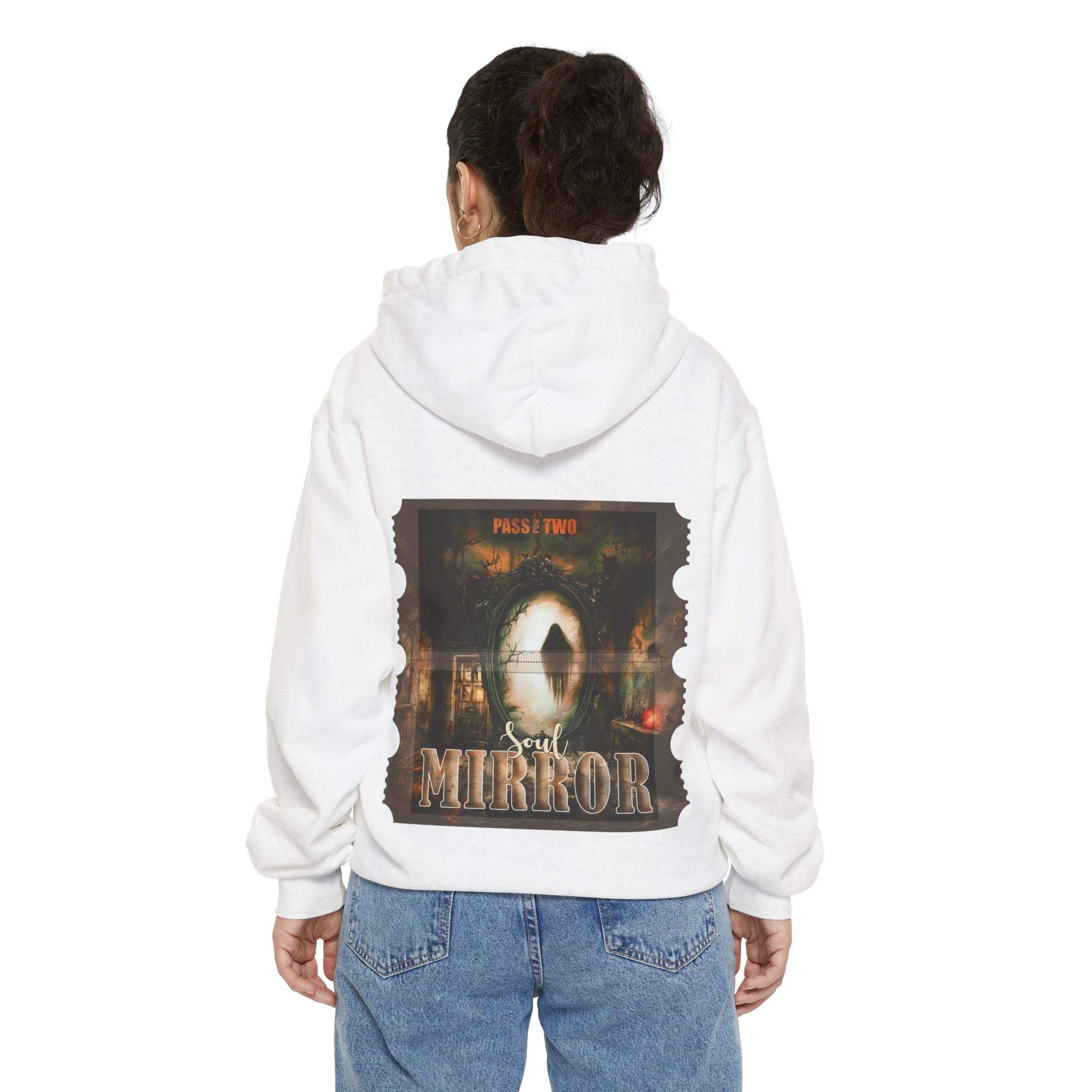 Unisex vintage Halloween Soul Mirror Hoodie with nostalgic movie ticket design on white fabric