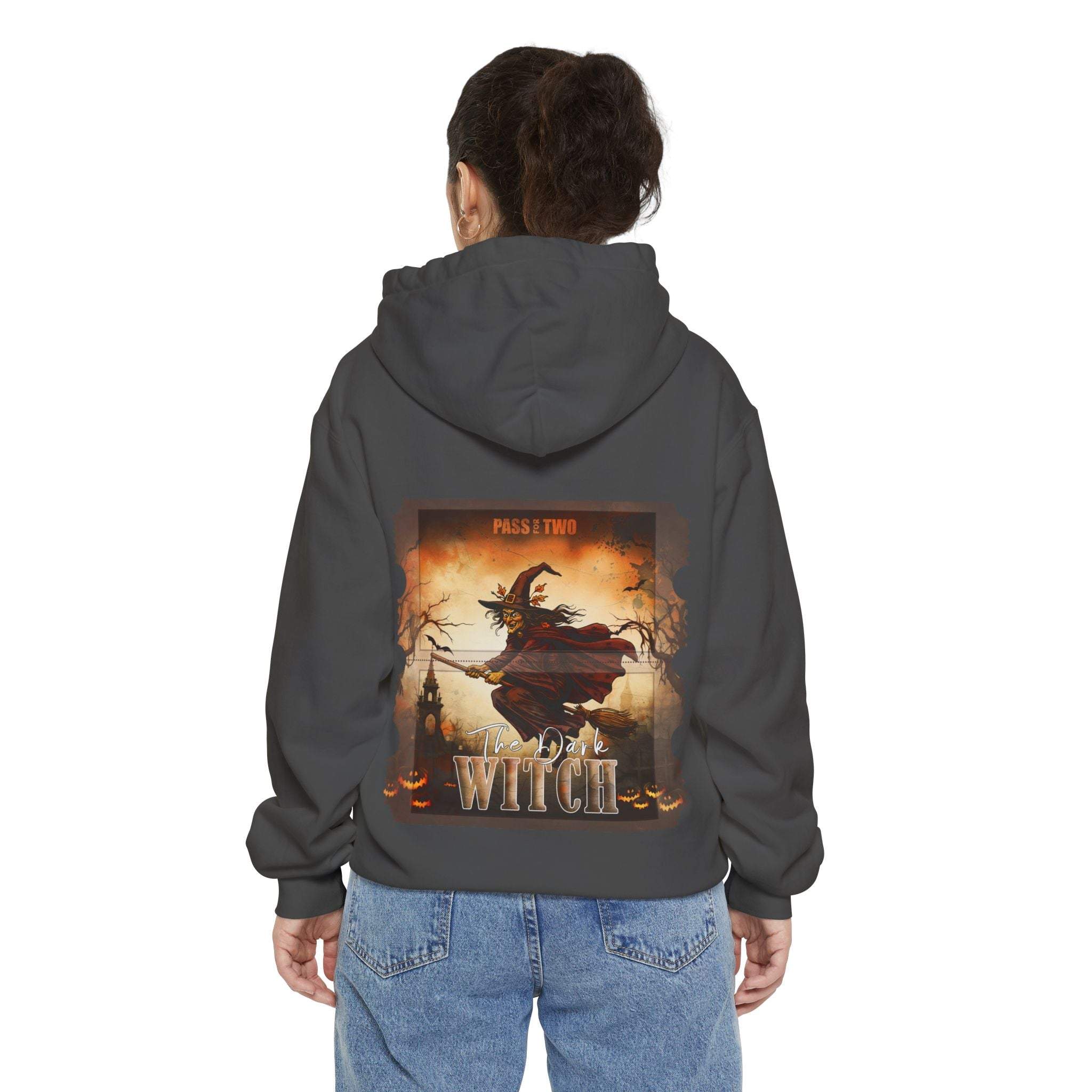 Unisex hoodie with vintage Halloween The Dark Witch movie ticket design on the back in dark fabric