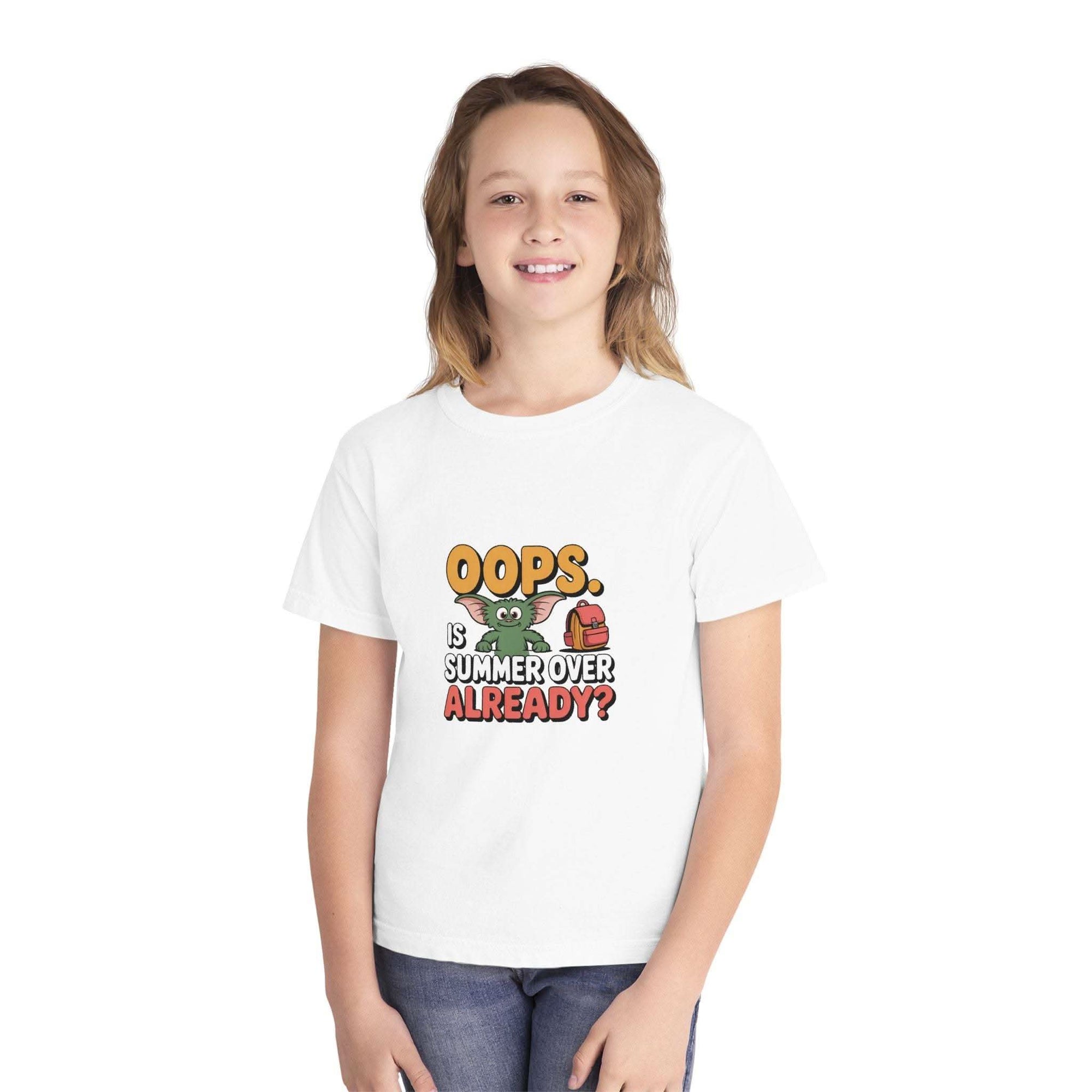 Youth wearing Back to School Fun T-Shirt with "Oops. Is Summer Over Already?" graphic
