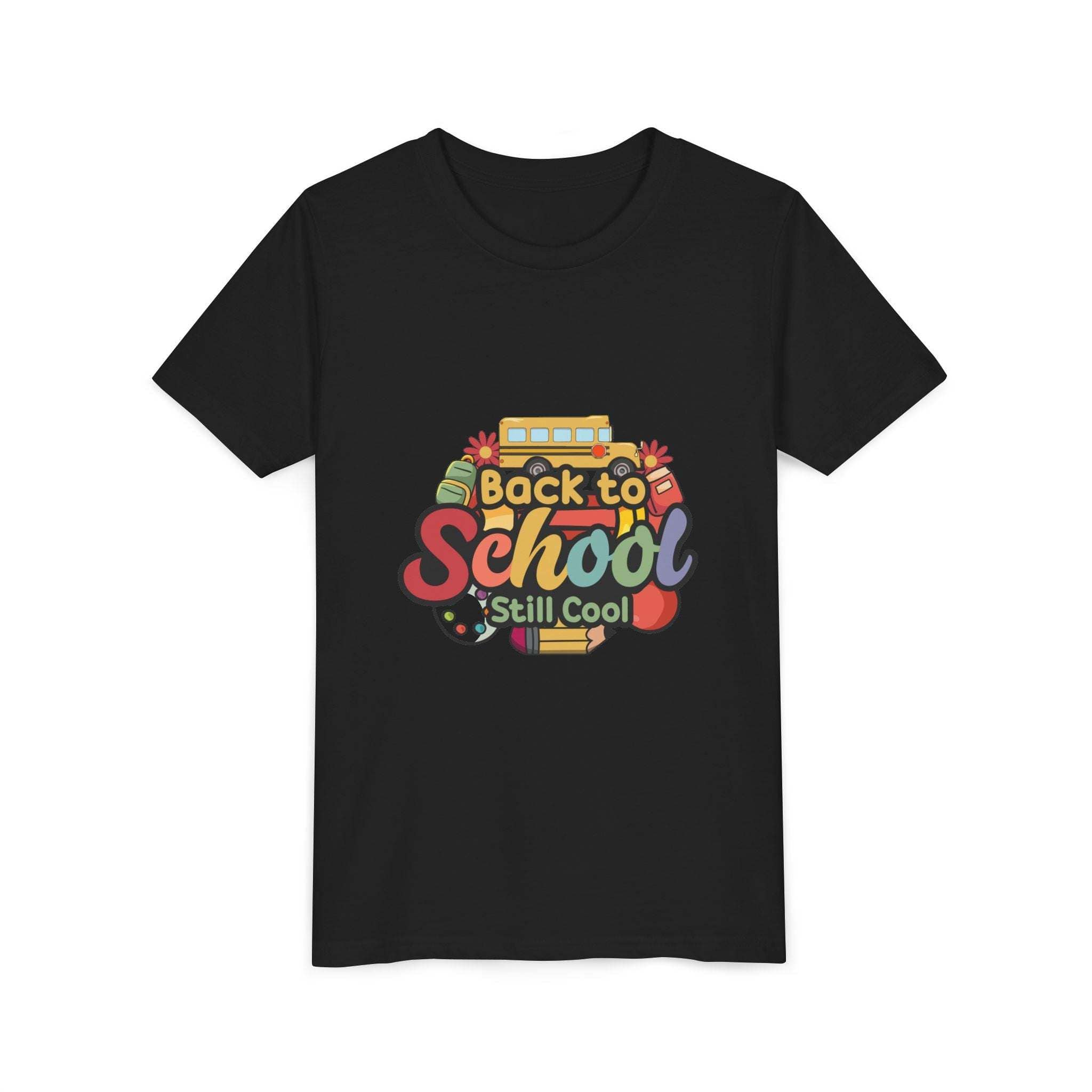 Black youth cotton t-shirt with colorful "Back to School Still Cool" print, lightweight and comfortable for kids and teens.