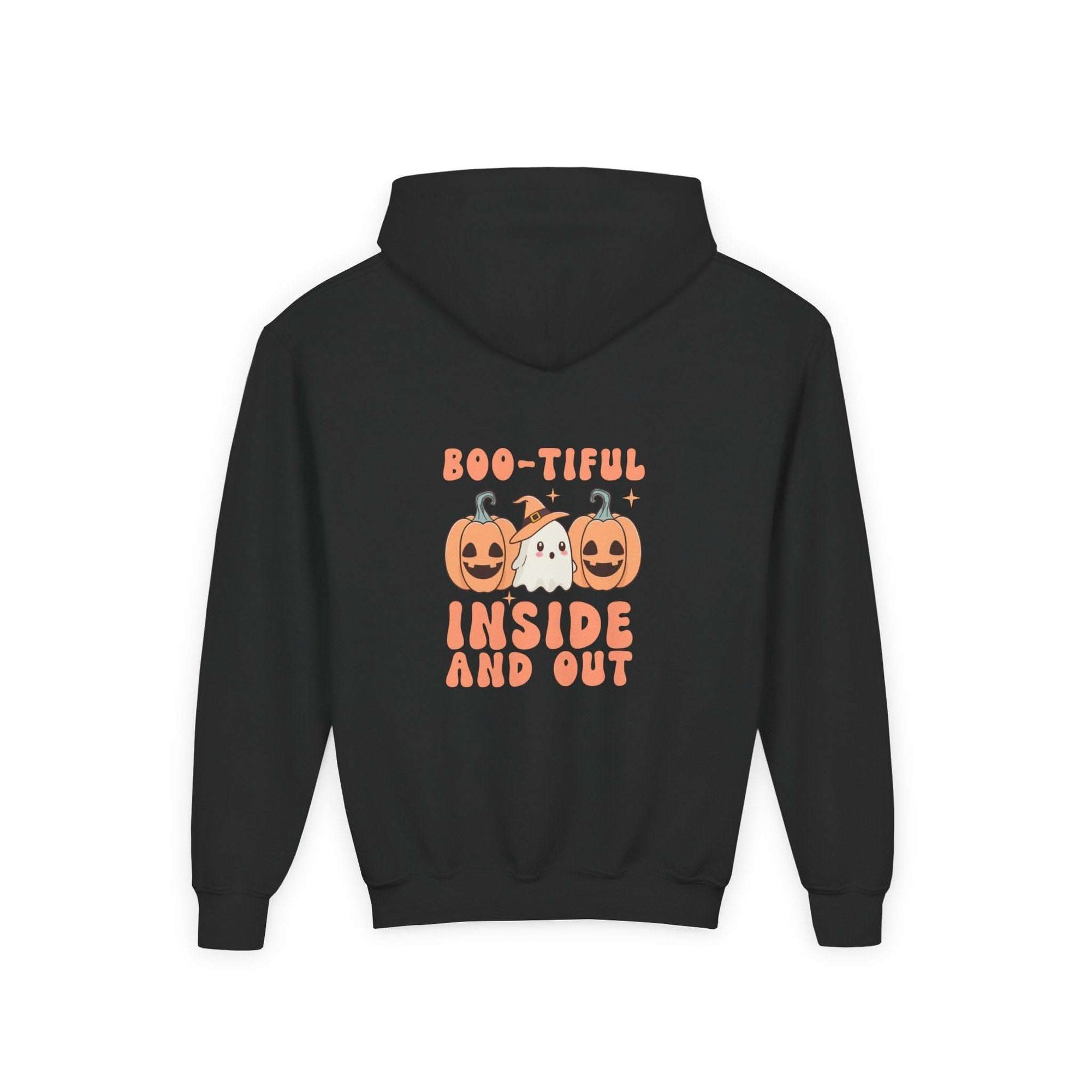 Hooded sweatshirt with Boo-tiful Inside and Out Halloween design, comfortable and festive apparel