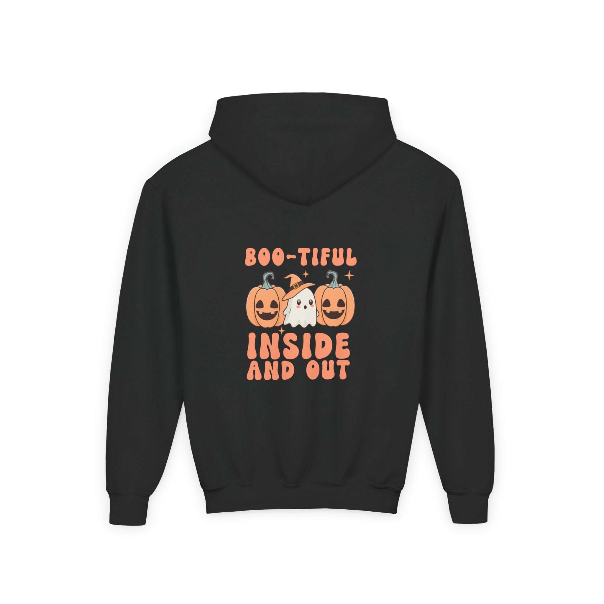 Hooded sweatshirt with Boo-tiful Inside and Out Halloween design, comfortable and festive apparel