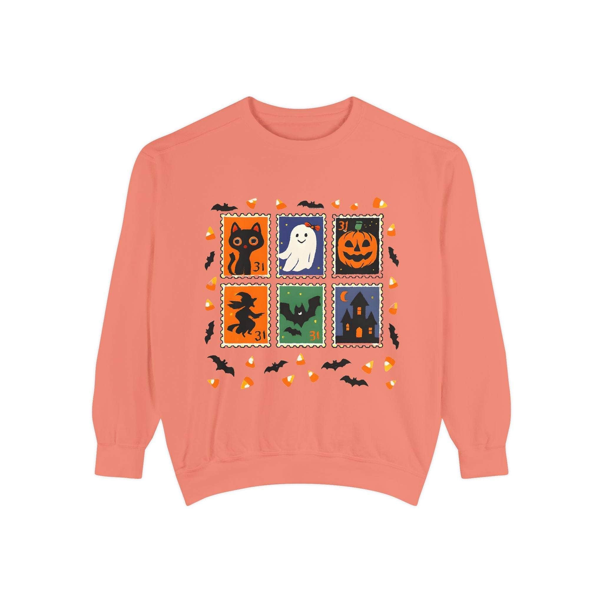 Retro Halloween sweatshirt with ghost, pumpkin, black cat, witch, bat, and haunted house stamp designs in a relaxed fit