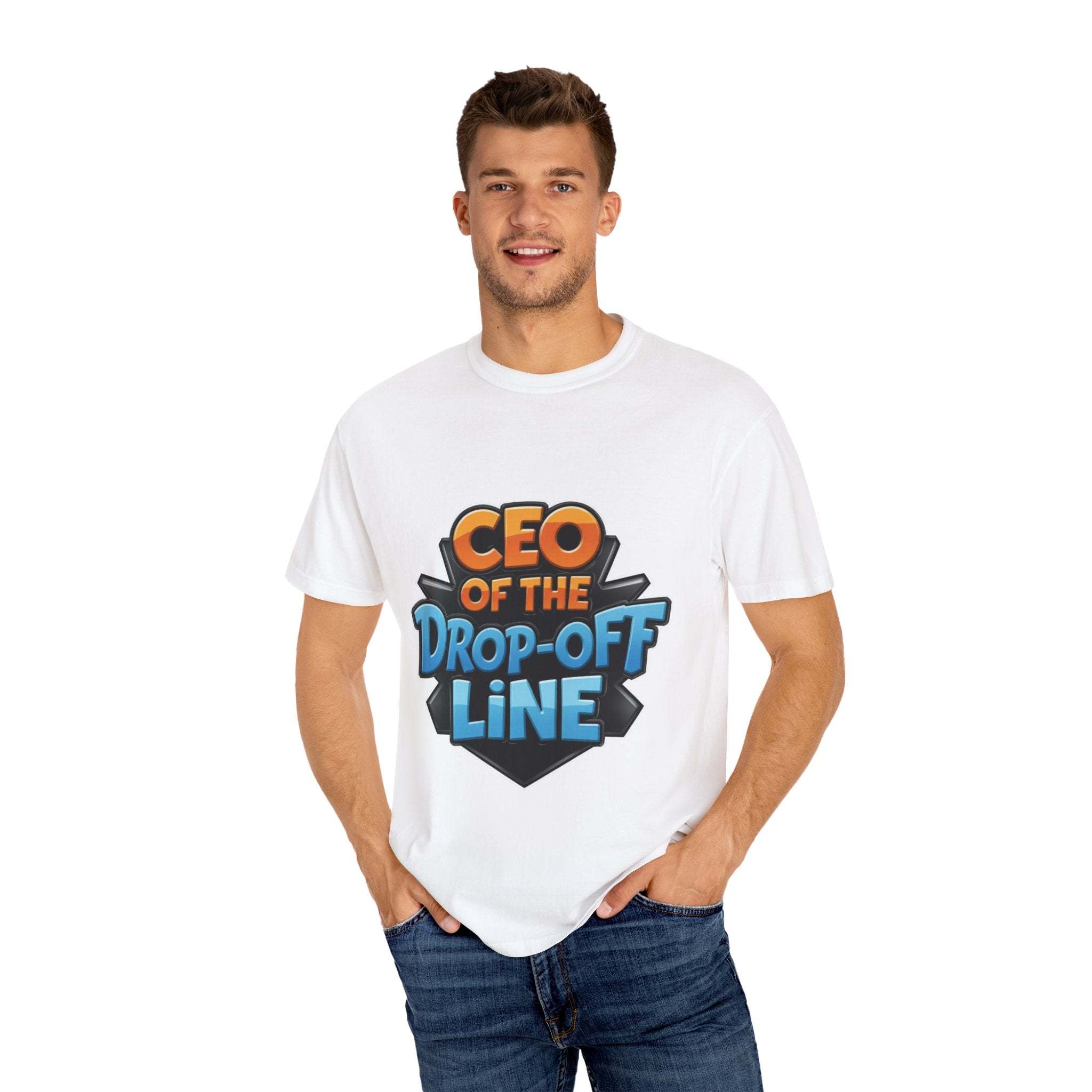 Man wearing white CEO Drop-Off Line t-shirt for back to school back-to-school season