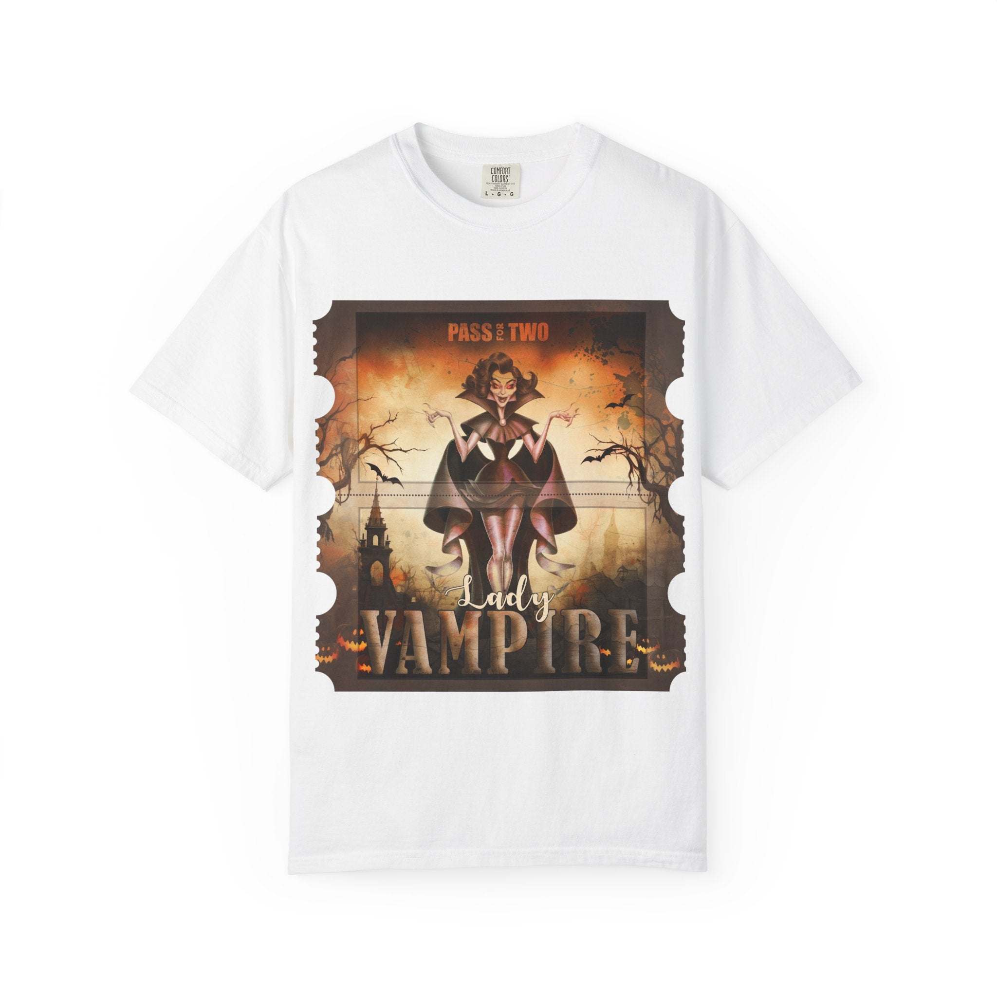 White Halloween Lady Vampire T-shirt with vintage movie ticket design and spooky vampire graphic