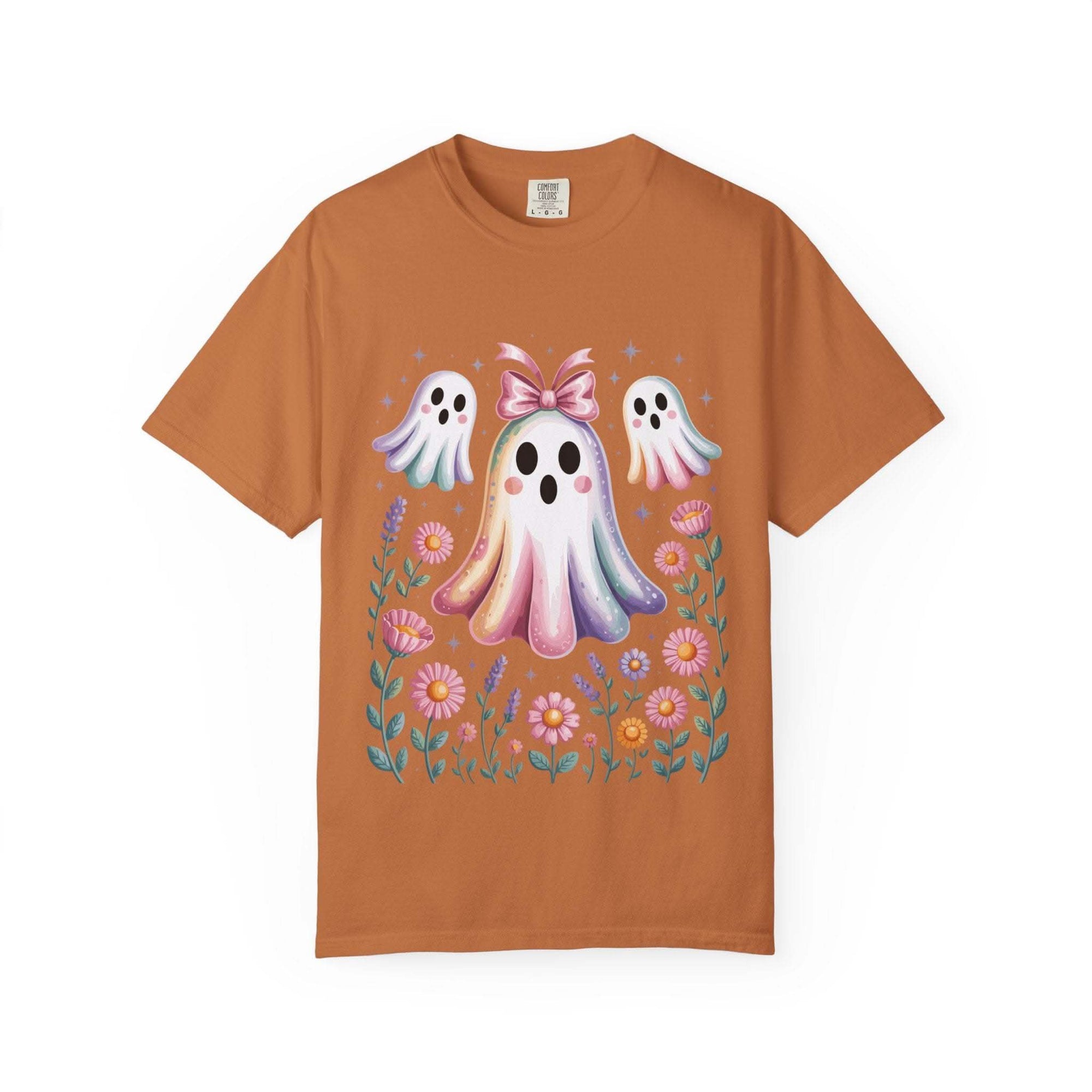 Iridescent floral ghost graphic on Halloween T-shirt with boho style