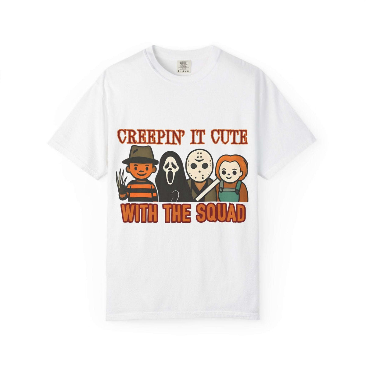 White retro horror movie themed T-shirt with cute cartoon horror characters and "Creepin It Cute With The Squad" text