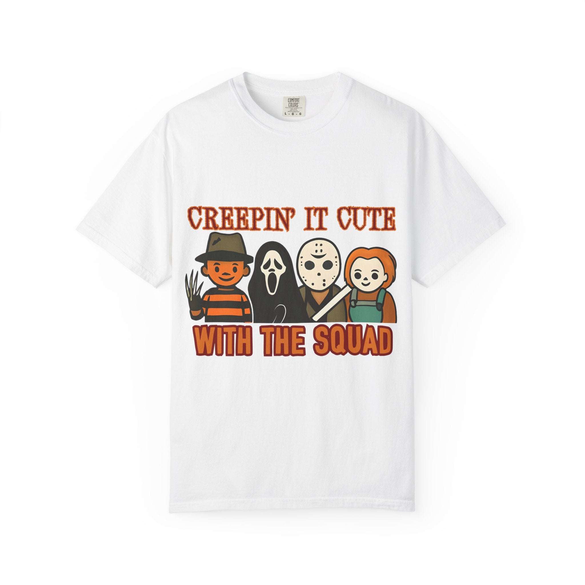 White retro horror movie themed T-shirt with cute cartoon horror characters and "Creepin It Cute With The Squad" text