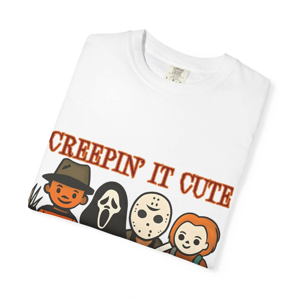 T-shirt with Halloween characters and “Creepin’ It Cute” lettering