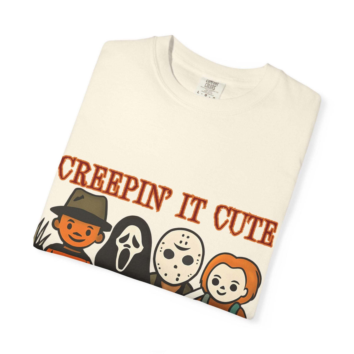 T-shirt with Halloween characters and “Creepin’ It Cute” lettering