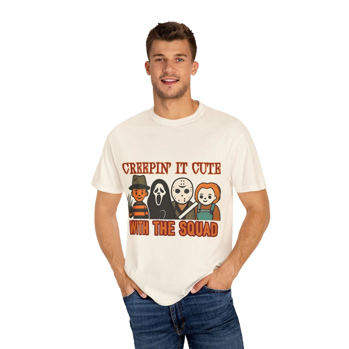 T-shirt with Halloween characters and “Creepin’ It Cute” lettering