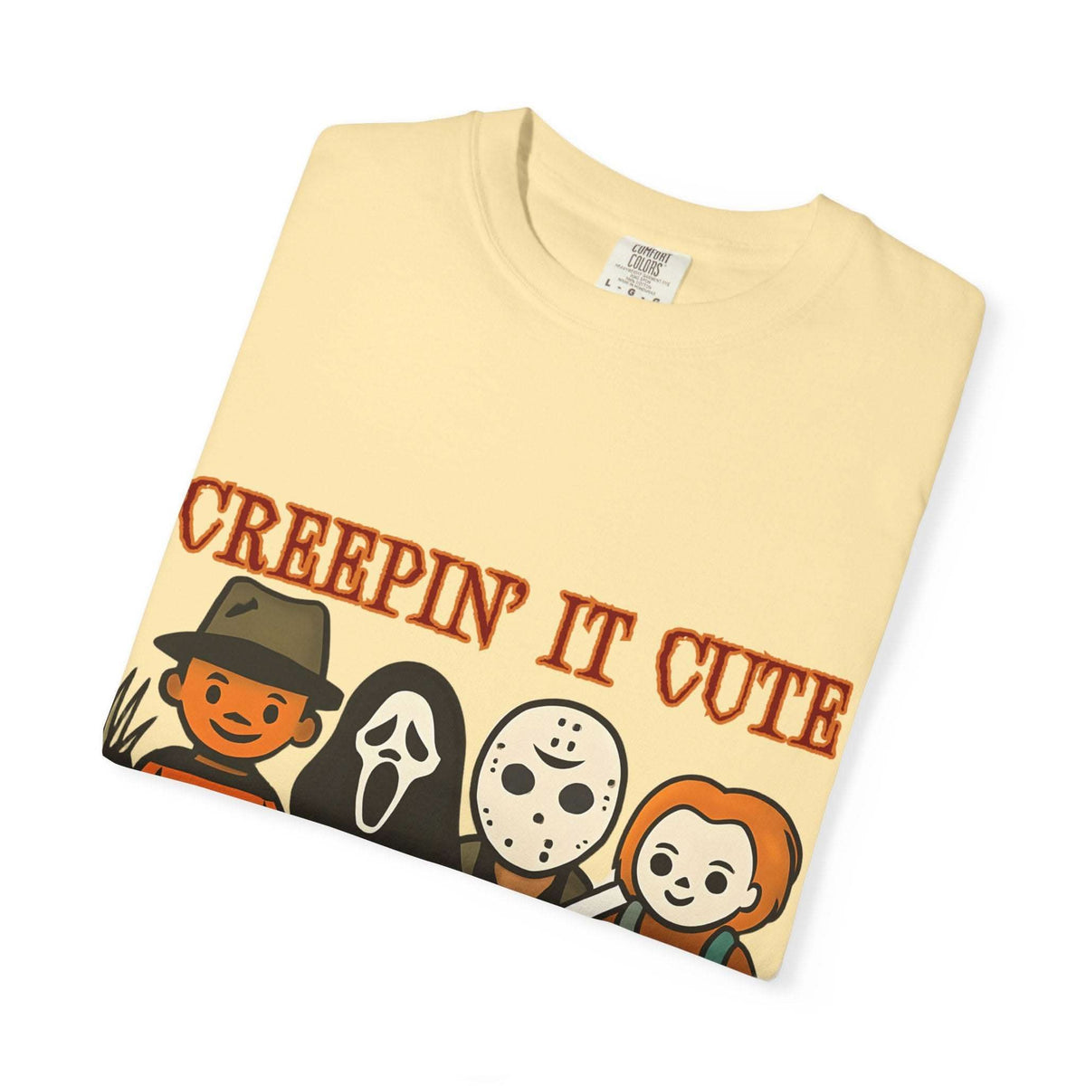 T-shirt with Halloween characters and “Creepin’ It Cute” lettering