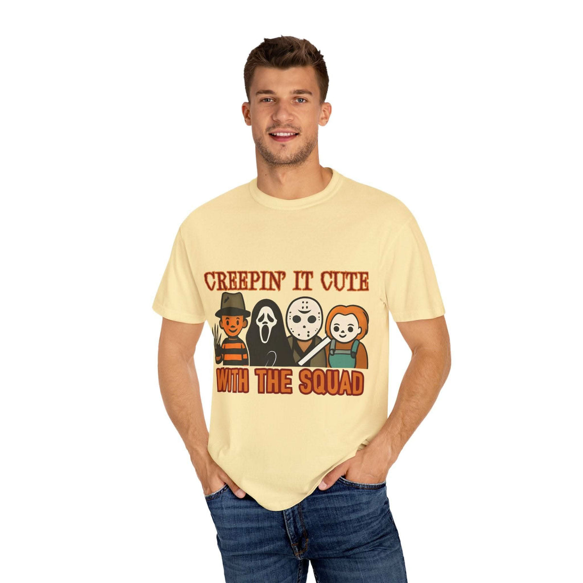 T-shirt with Halloween characters and “Creepin’ It Cute” lettering