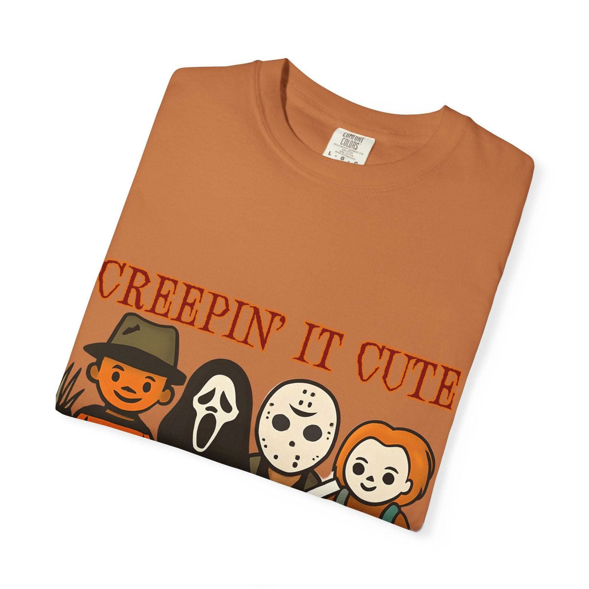 T-shirt with Halloween characters and “Creepin’ It Cute” lettering