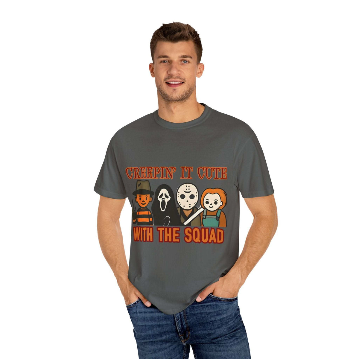 T-shirt with Halloween characters and “Creepin’ It Cute” lettering