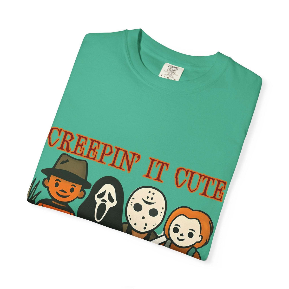 T-shirt with Halloween characters and “Creepin’ It Cute” lettering