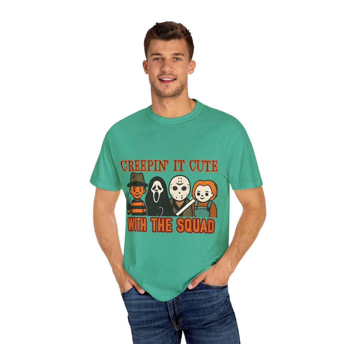 T-shirt with Halloween characters and “Creepin’ It Cute” lettering