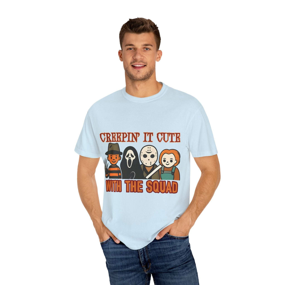 T-shirt with Halloween characters and “Creepin’ It Cute” lettering