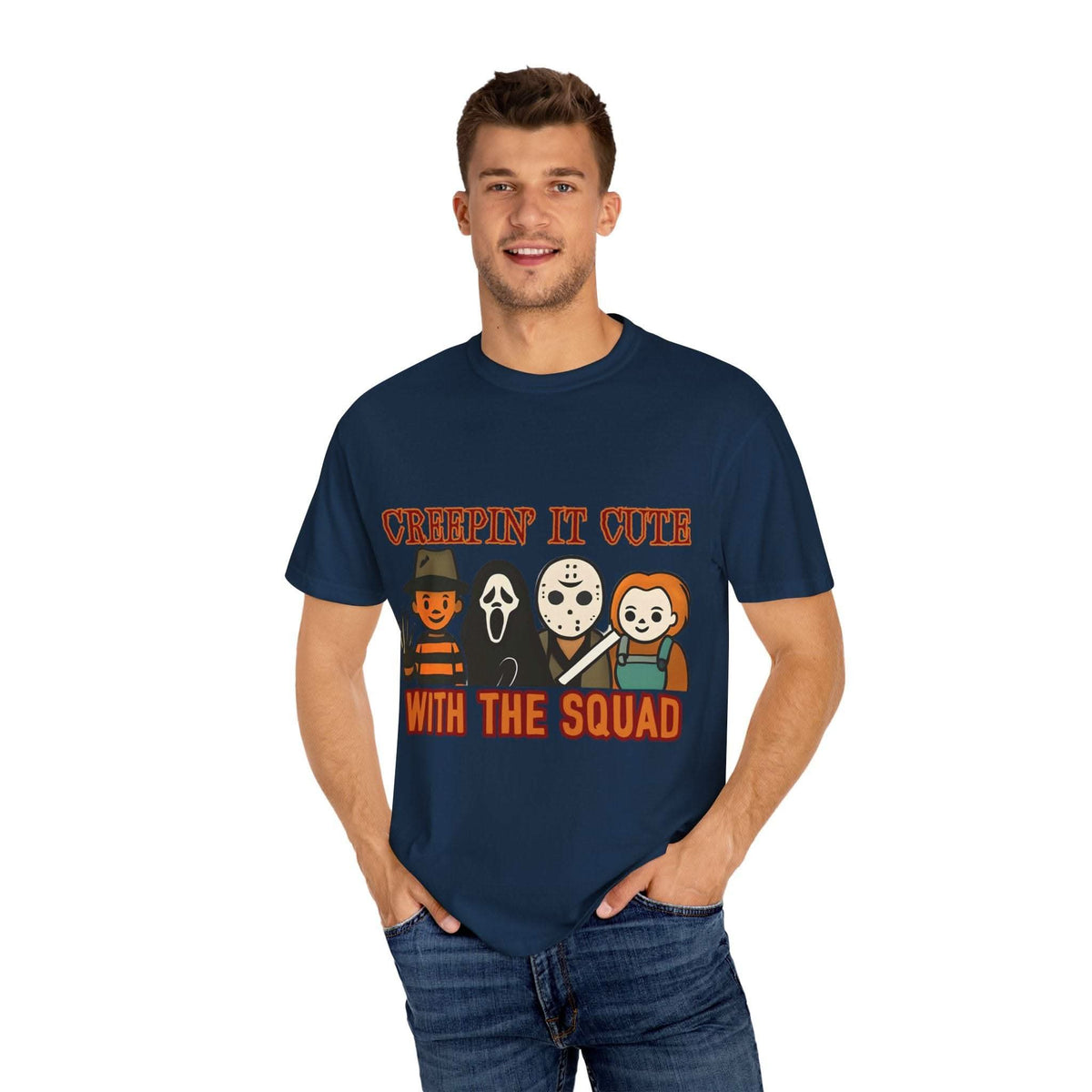 T-shirt with Halloween characters and “Creepin’ It Cute” lettering
