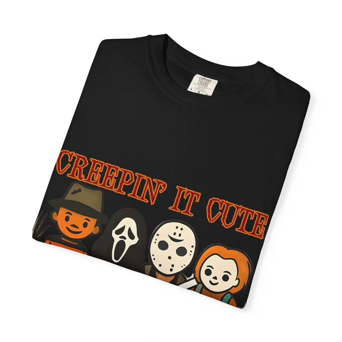T-shirt with Halloween characters and “Creepin’ It Cute” lettering