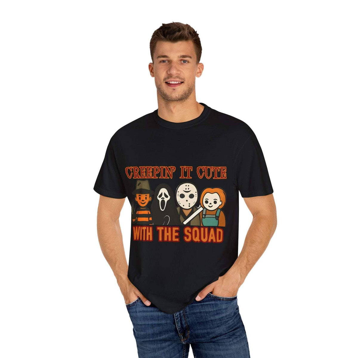T-shirt with Halloween characters and “Creepin’ It Cute” lettering