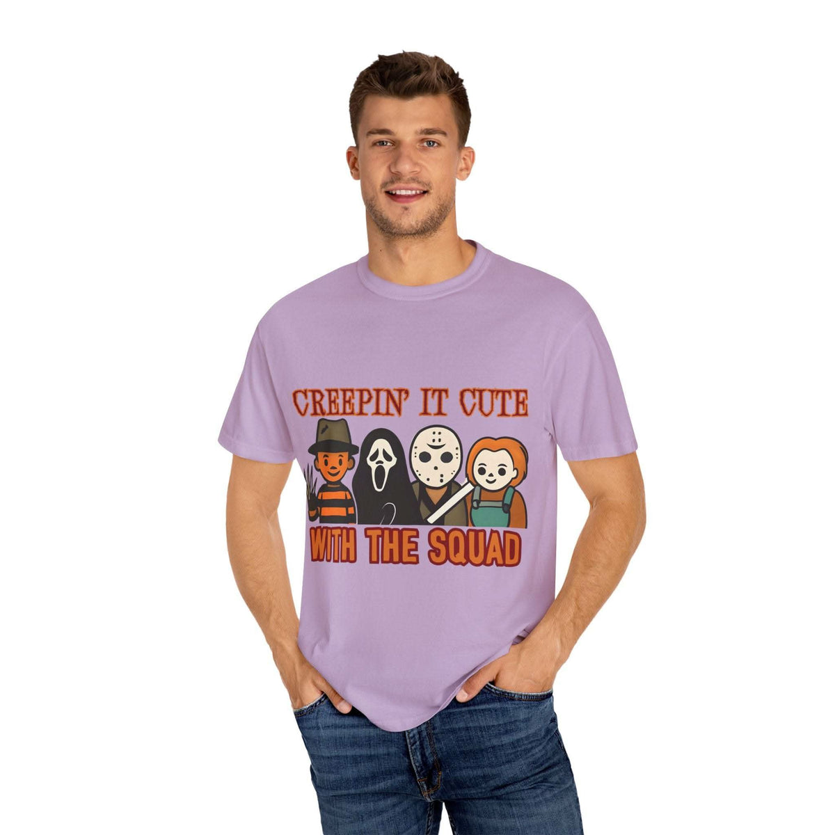 T-shirt with Halloween characters and “Creepin’ It Cute” lettering